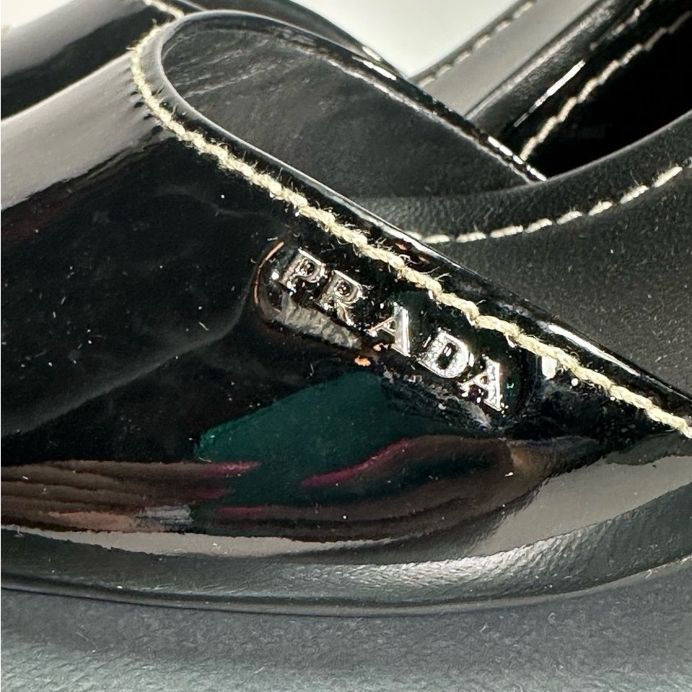 Prada Glossy Black Patent Leather Wedge Sandals Brand New In Box Size 40 /US 9.5 - Picture 7 of 11